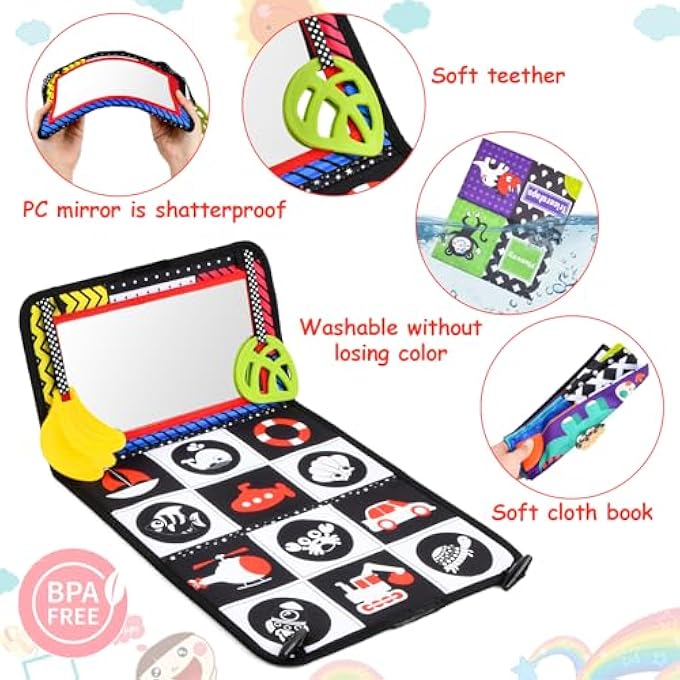 BABY MIRROR TOY WITH CRINKLE BOOK, FOLDABLE CHILDREN'S MIRROR WITH BLACK AND WHITE CONTRAST PATTERN, EARLY EDUCATION TOY FOR NEWBORNS, BABY SENSORY LEARNING TOY FOR 0-12 MONTHS - Image 5