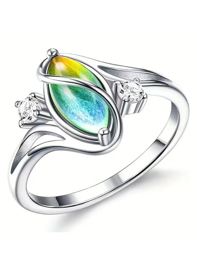 Akali 925 Sterling Silver Marquise Color-Changing Stone Ring | Round Moissanite Accent Twist Shank Statement Ring for Women - Image 1