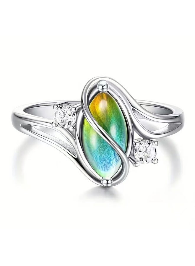 Akali 925 Sterling Silver Marquise Color-Changing Stone Ring | Round Moissanite Accent Twist Shank Statement Ring for Women - Image 2
