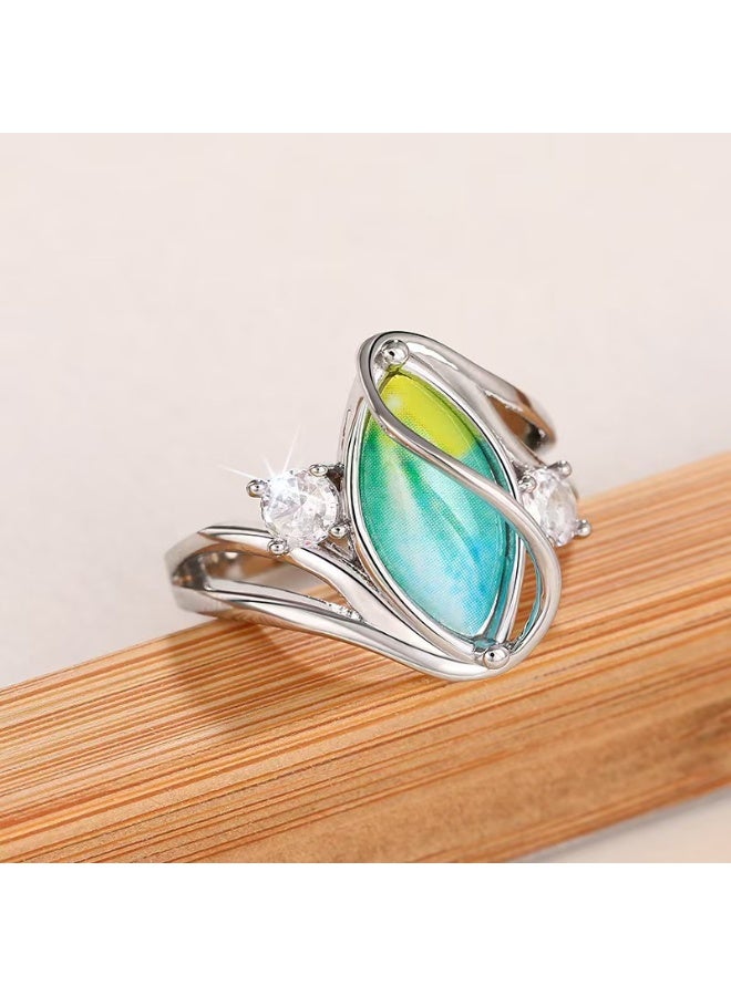 Akali 925 Sterling Silver Marquise Color-Changing Stone Ring | Round Moissanite Accent Twist Shank Statement Ring for Women - Image 3