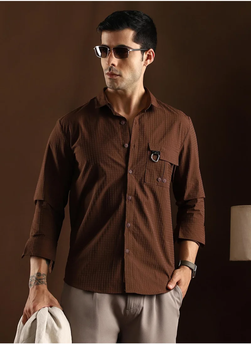 كامبوس سوترا Campus Sutra Men's Chocolate Brown Grid-Utility Shirt For Casual Wear | Mid-Rise | Regular Fit | Button Closure | Shirt Crafted With Comfort Fit For Everyday Wear