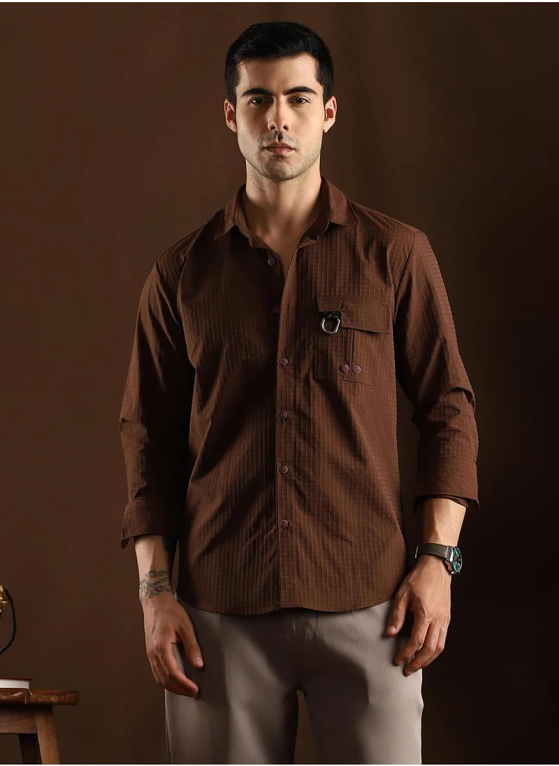 كامبوس سوترا Campus Sutra Men's Chocolate Brown Grid-Utility Shirt For Casual Wear | Mid-Rise | Regular Fit | Button Closure | Shirt Crafted With Comfort Fit For Everyday Wear