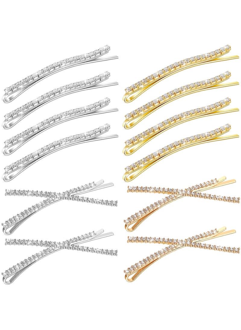 WILLBOND 12 Pieces Rhinestone Bobby Pins Decorative Fancy Crystal Hair Clips Shiny Metal X Shaped Barrettes Bling Diamond Wedding Bridal Shower Hair Accessories for Women Ladies Girls Gold Silver 