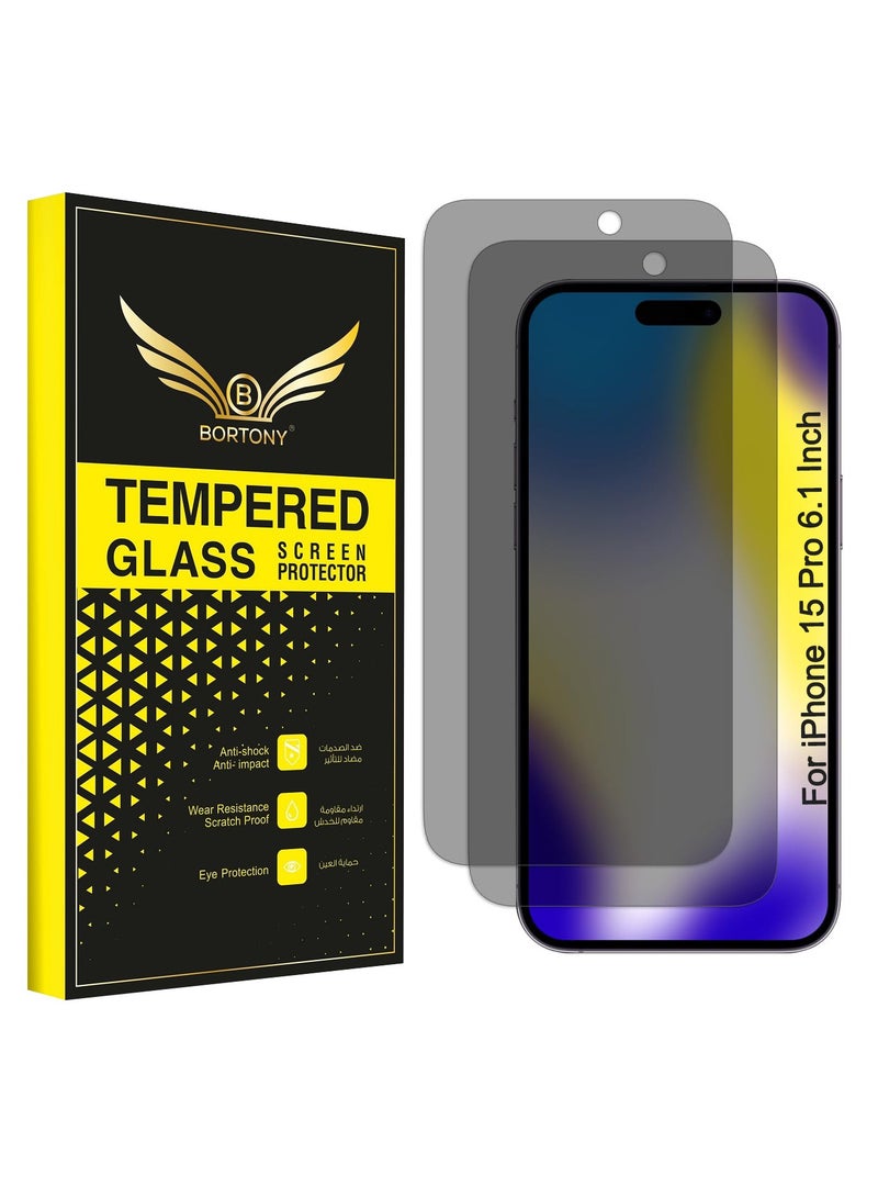 BORTONY iPhone 15 Pro Privacy Screen Protector [2-Pack] Glass Anti Spy Scratch Resistant 9H Hardness Bubble Free Full Coverage Case Friendly for Apple iPhone 15 Pro 6.1 Inch - Image 1