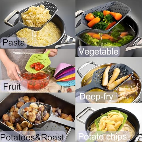 SEIWEI Large Strainer Spoon, Long Handle Tool Colander Draining Scoop, Heat-Resistant Pasta Strainer Cooking Kitchen for Spaghetti, Noodles, Veggies, Non-Slip Grip & Hanging Loop, 13.5'', Black - Image 2