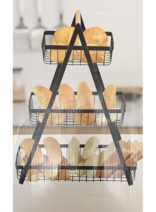 إي سي في في سلة تخزين الفاكهة ثلاثية الطبقات، رف الخضار، حامل عرض الخبز للمطبخ، أسود - Image 4