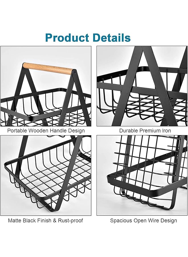 إي سي في في سلة تخزين الفاكهة ثلاثية الطبقات، رف الخضار، حامل عرض الخبز للمطبخ، أسود - Image 2