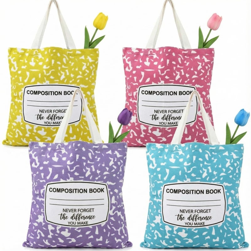 SilTriangle 4 Pcs Teacher Gifts Canvas Tote Bag Composition Book Style School Counselor Appreciation Gifts for Women Educator Teacher, Social Worker, Office Supplies - Image 1