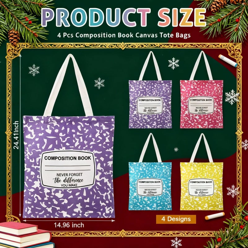 SilTriangle 4 Pcs Teacher Gifts Canvas Tote Bag Composition Book Style School Counselor Appreciation Gifts for Women Educator Teacher, Social Worker, Office Supplies - Image 4