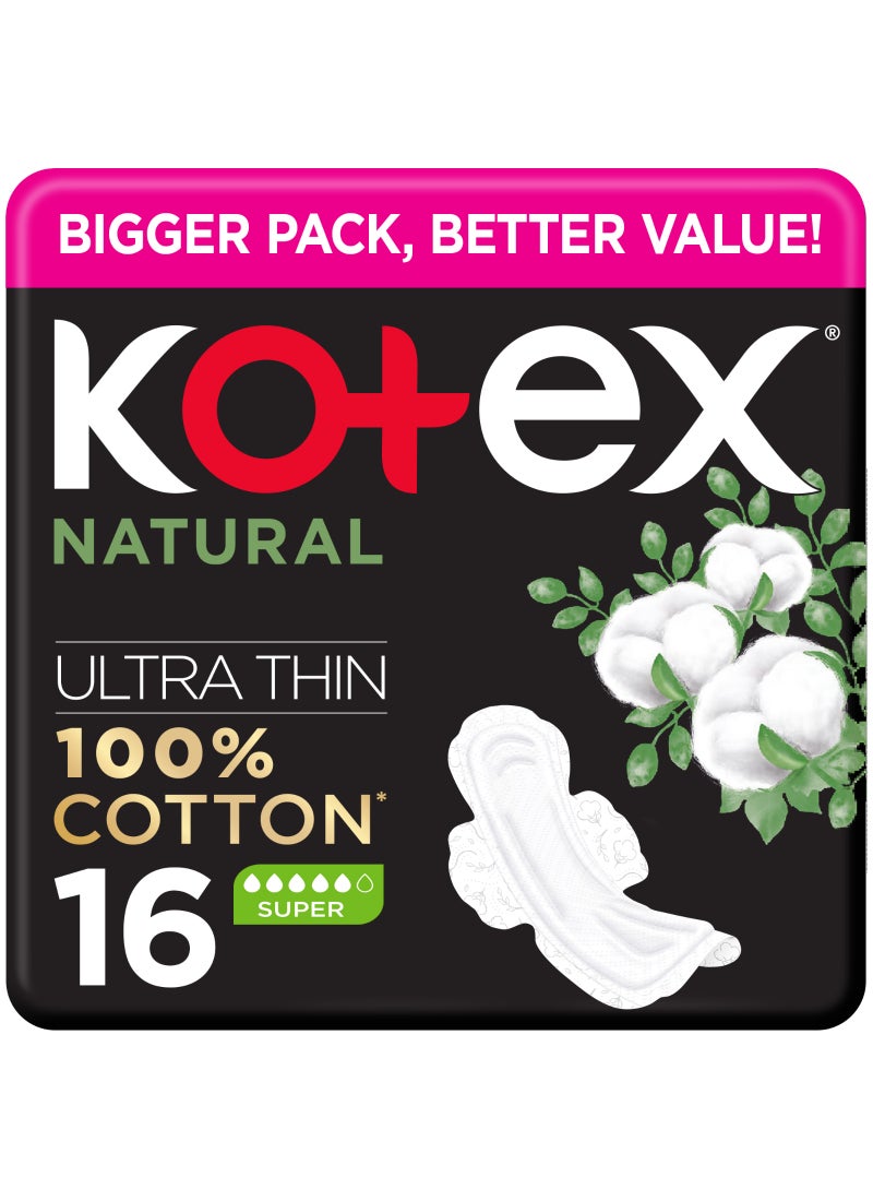 Kotex Natural Ultra Thin Pads, 100% Cotton Pad, Super Size Sanitary Pads with Wings, 16 Sanitary Pads - Image 1