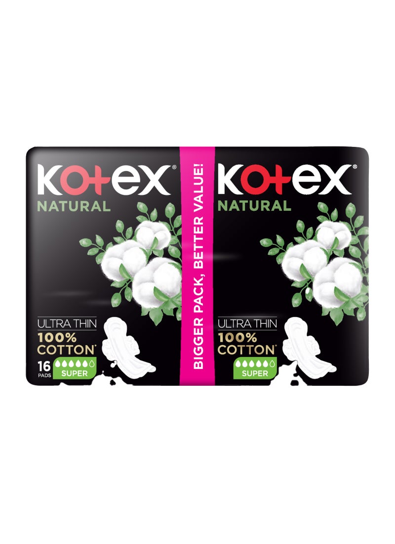 Kotex Natural Ultra Thin Pads, 100% Cotton Pad, Super Size Sanitary Pads with Wings, 16 Sanitary Pads - Image 3