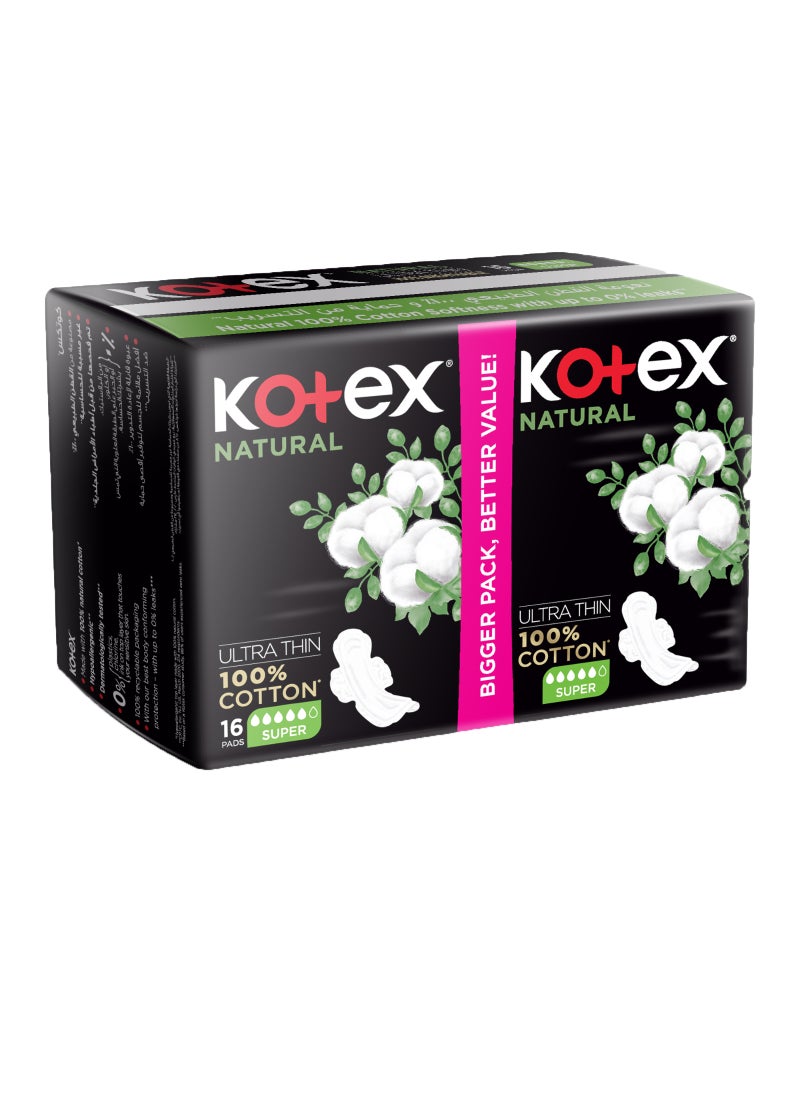 Kotex Natural Ultra Thin Pads, 100% Cotton Pad, Super Size Sanitary Pads with Wings, 16 Sanitary Pads - Image 2