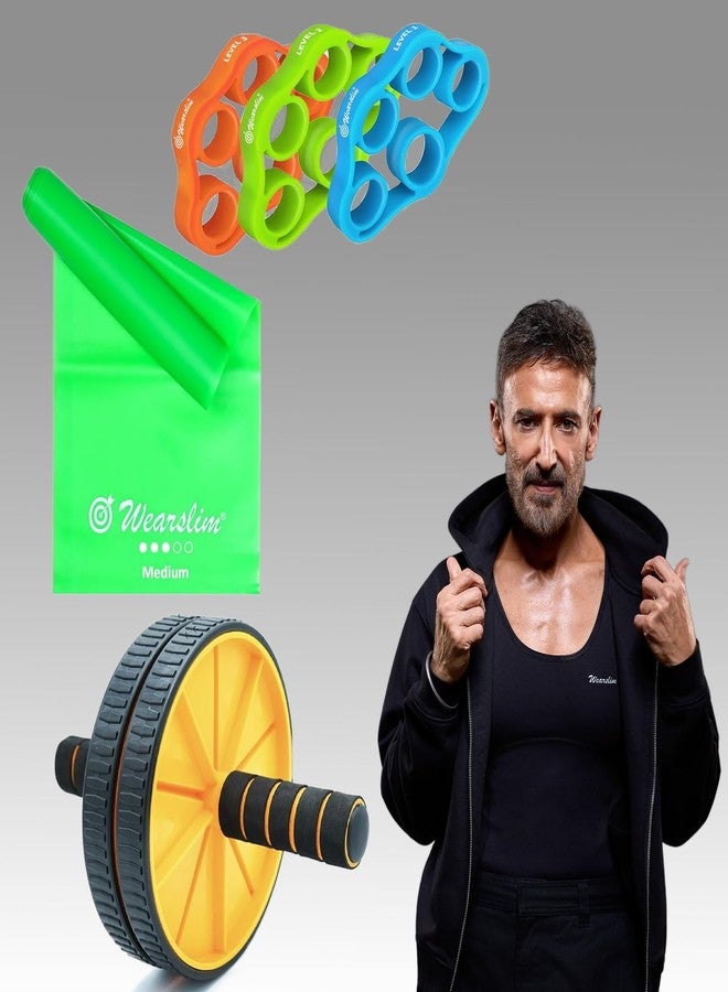 Wearslim® Professional Silicone Finger Exerciser, Ab Roller Wheel & Latex Resistance Bands Combo | Hand Grip Strengthener, Abs Workout Equipment, Exercise Bands for Home Gym Fitness - Image 1