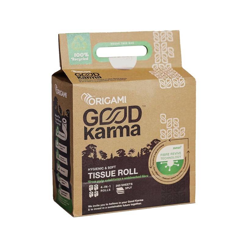 Origami Good Karma 3 Ply Eco-Friendly Unbleached Toilet Tissue Paper Roll - Pack of 4 (260 Pulls Per Roll, 1040 Sheets) - Image 1