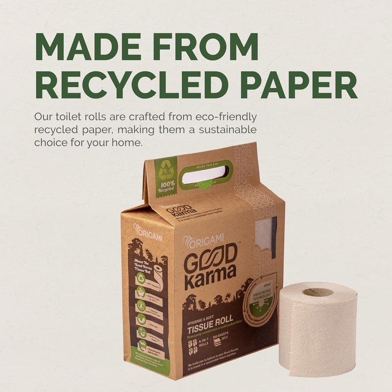 Origami Good Karma 3 Ply Eco-Friendly Unbleached Toilet Tissue Paper Roll - Pack of 4 (260 Pulls Per Roll, 1040 Sheets) - Image 2
