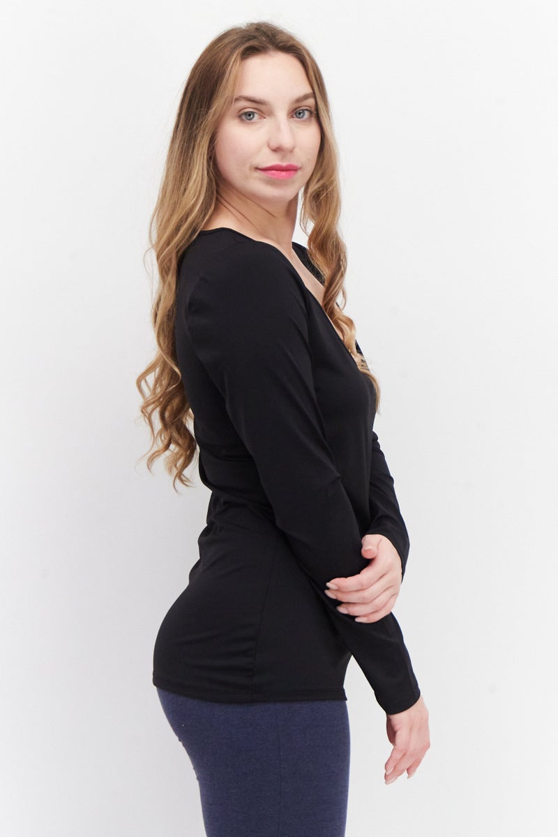 XOXO Women Scoop Neck Plain Long Sleeves T-Shirt, Black - Image 2