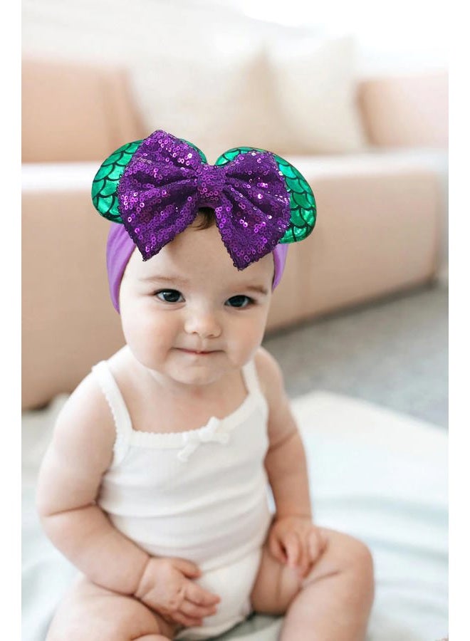 BBgifts 1PC Baby Girl Purple Mermaid Headband Mouse Ear Nylon Sequins Headband for Newborn Infant Baby Toddler Girls - Image 4