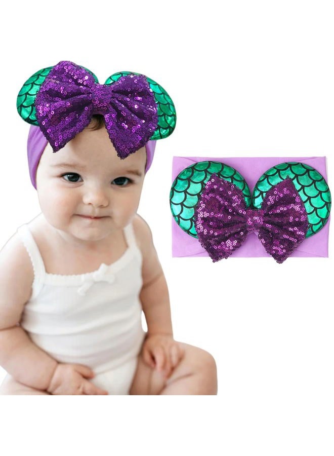BBgifts 1PC Baby Girl Purple Mermaid Headband Mouse Ear Nylon Sequins Headband for Newborn Infant Baby Toddler Girls - Image 1
