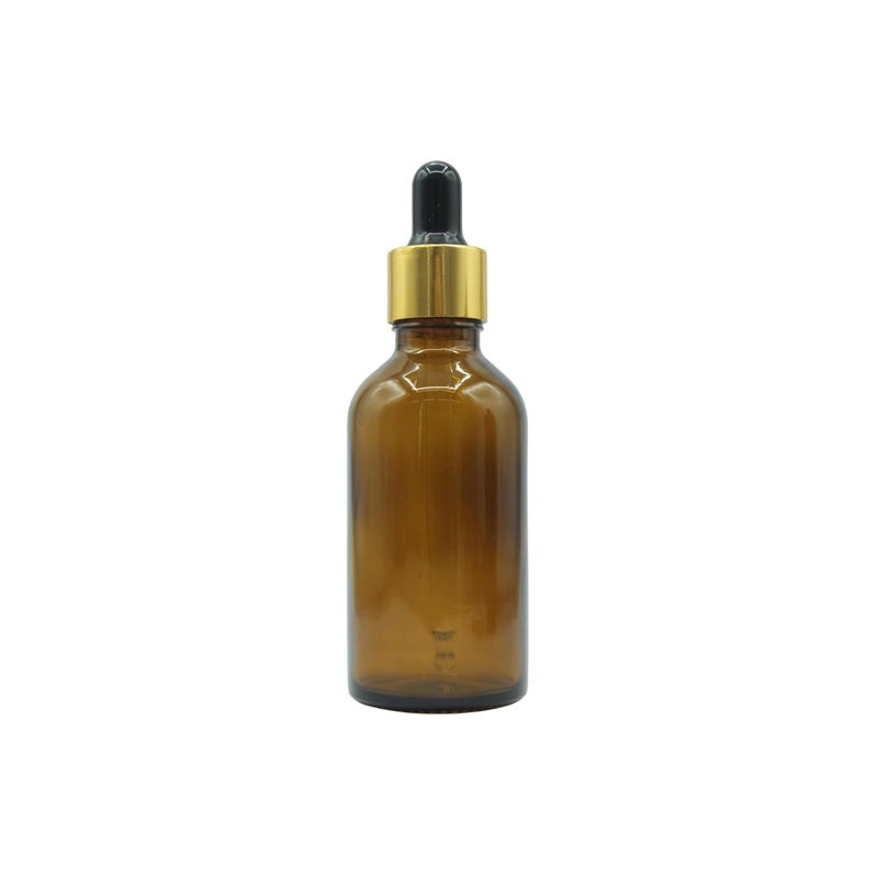 PHARCOS 50ml Amber Round Empty Glass Bottle with Golden Plating Ring, Black Silicone Teat for Essential Oils Blends, DIY Skin Care, Serum Bottles, Cosmetic Use Essential Oil bottles (Amber- 1pc- 50ml) - Image 1
