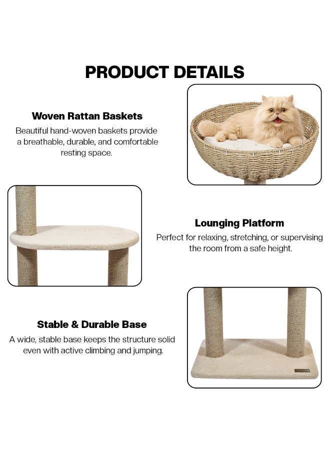 NNC PETS Cat tree tower with Handwoven Seagrass Basket perch and Sturdy base, 2-Tier Modern cat activity center, Natural sisal scratching post for Indoor cats & Kittens, 85 cm (Beige) - Image 3