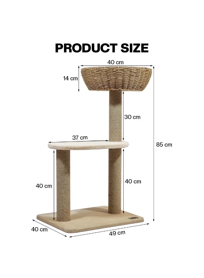 NNC PETS Cat tree tower with Handwoven Seagrass Basket perch and Sturdy base, 2-Tier Modern cat activity center, Natural sisal scratching post for Indoor cats & Kittens, 85 cm (Beige) - Image 2