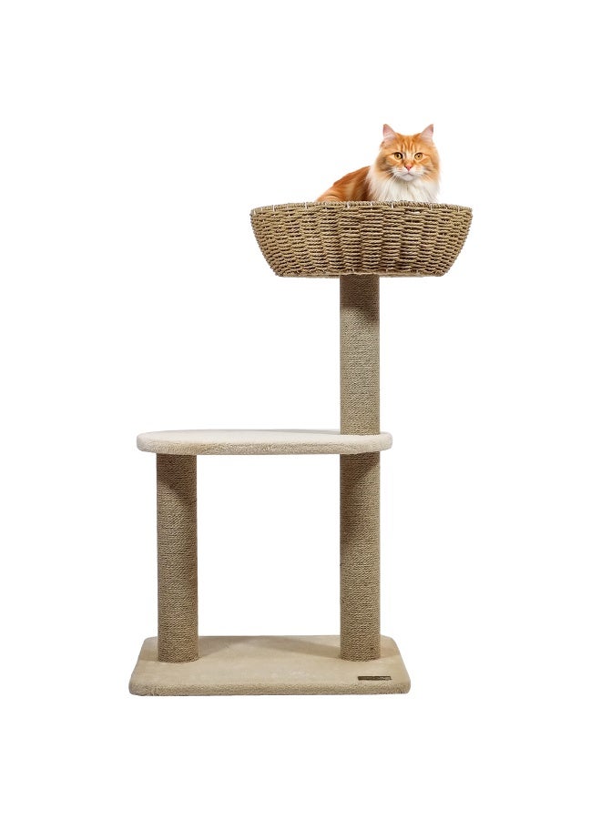 NNC PETS Cat tree tower with Handwoven Seagrass Basket perch and Sturdy base, 2-Tier Modern cat activity center, Natural sisal scratching post for Indoor cats & Kittens, 85 cm (Beige) - Image 1