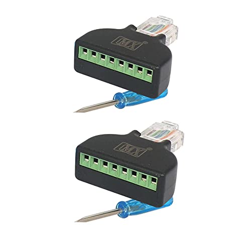 MX 2-Pack RJ45 (8-Pin) Screw Terminal Block Adapter – Converts RJ45 Plug to 8-Pin Screw Terminals – Cat5/Cat6/Cat7 Compatible for CCTV, DVR, AV & Network Wiring – Tool-Free Installation - Image 1