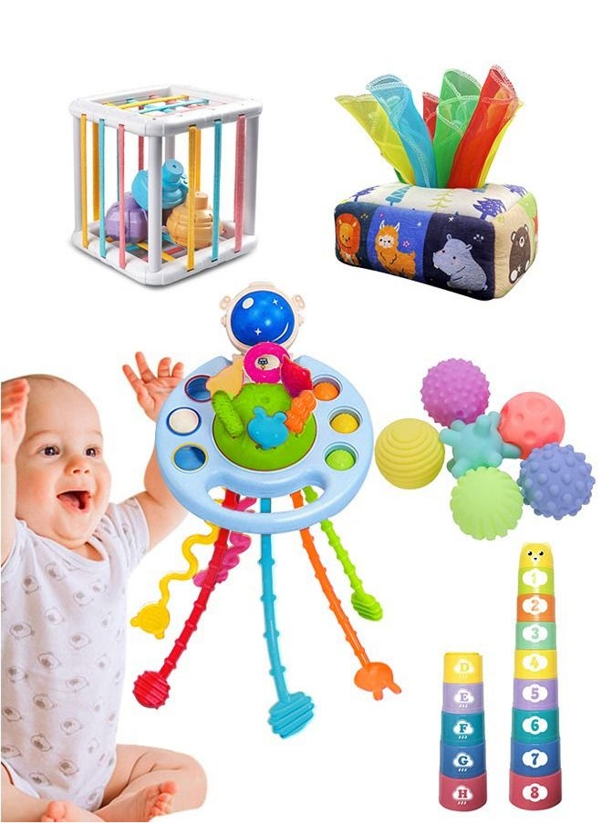 XiuWoo 5 in 1 Baby Montessori Toys Set Include Shape Sorter Bin, Baby Tissue Box, Stacking Cups, Pull String Toy, Soft Stacking Rings, Sensory Toys for Infants Toddlers, Montessori Toys for Boys Girls Gifts  - Image 1