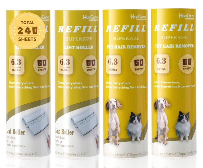HapChron Large Surface Lint Roller Extra Sticky Refills Total 240 Easy Tear Sheets Insert Tube Measures 15 and Fits Most Supersize 63 Wider Lint Roller Works Great On Pet HairPack of 4