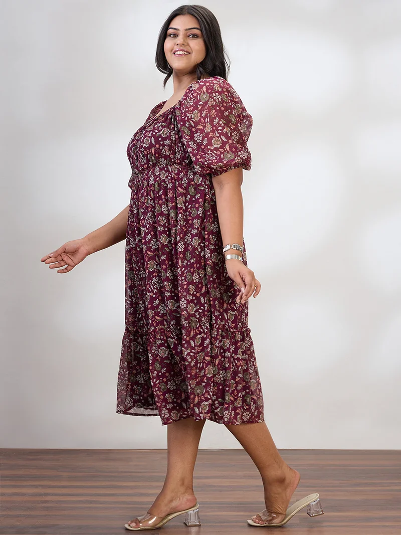 globus Globus Gloplus Women Maroon Square Neck Raglan Sleeves Floral Print Smocked Tiered Plus Size Fit & Flare Midi Dress