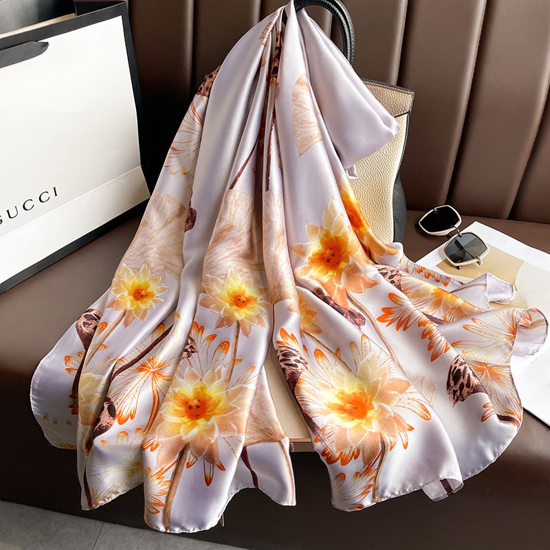 New Summer Lotus Yourou Yarn Long Scarf Shawl Scarf Sunscreen Li Jin Forged Printing Baotou Scarf Direct Selling Orange 