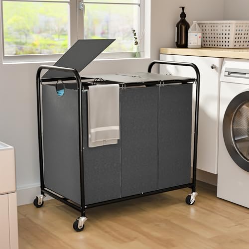 Olldide 180L (47.55 Gal) Laundry Sorter 3 Section, Rolling Laundry Basket with Lockable Wheels and Lid, Laundry Hamper with 3 Separated Removable Bags Dirty Clothes Hamper for Laundry Room Organizer, Grey - Image 1