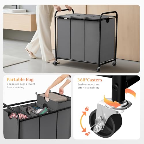Olldide 180L (47.55 Gal) Laundry Sorter 3 Section, Rolling Laundry Basket with Lockable Wheels and Lid, Laundry Hamper with 3 Separated Removable Bags Dirty Clothes Hamper for Laundry Room Organizer, Grey - Image 3