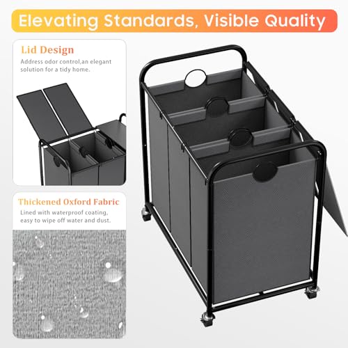 Olldide 180L (47.55 Gal) Laundry Sorter 3 Section, Rolling Laundry Basket with Lockable Wheels and Lid, Laundry Hamper with 3 Separated Removable Bags Dirty Clothes Hamper for Laundry Room Organizer, Grey - Image 4
