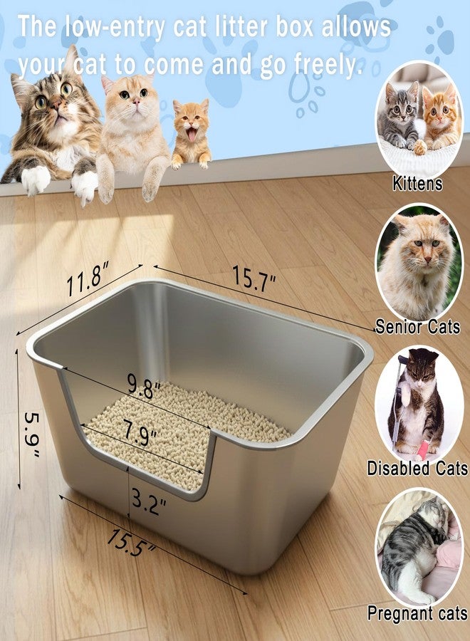 Tehoao Low Entry Stainless Steel Litter Box for Senior Cats, Metal Kitty Litter Boxes for Kittens Injured Cat, Shallow Litter Pan for Small Medium Pets, Easy to Clean, Non-Stick, 15.7"L×11.8"W×5.9"H - Image 2