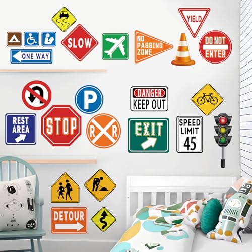 wondever 25 Pieces Traffic Road Signs Wall Stickers Stop Street Transportation Signs Peel and Stick Wall Art Decals for Kids Bedroom Classroom Playroom - Image 3