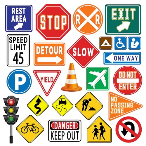 wondever 25 Pieces Traffic Road Signs Wall Stickers Stop Street Transportation Signs Peel and Stick Wall Art Decals for Kids Bedroom Classroom Playroom - Image 1