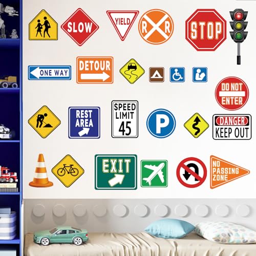 wondever 25 Pieces Traffic Road Signs Wall Stickers Stop Street Transportation Signs Peel and Stick Wall Art Decals for Kids Bedroom Classroom Playroom - Image 4