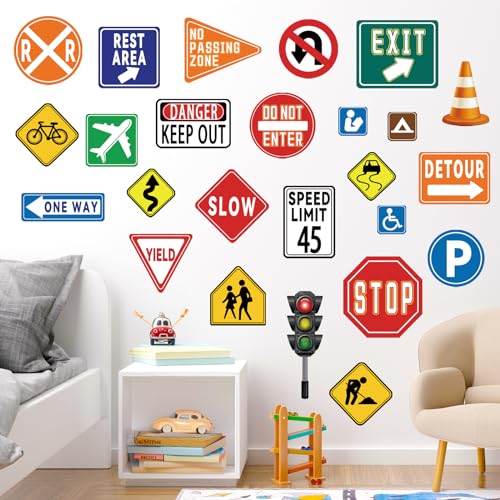 wondever 25 Pieces Traffic Road Signs Wall Stickers Stop Street Transportation Signs Peel and Stick Wall Art Decals for Kids Bedroom Classroom Playroom - Image 2