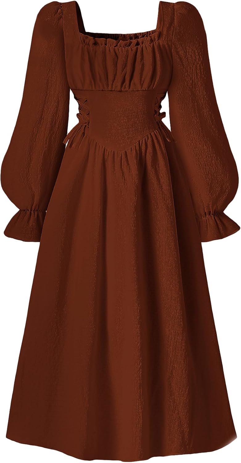 Long Sleeve Flowy A-Line Dress for Girls - Square Neck Fitted Waist in Brown - Image 1