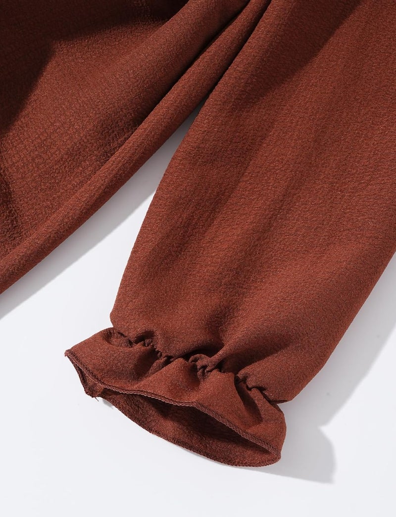 Long Sleeve Flowy A-Line Dress for Girls - Square Neck Fitted Waist in Brown - Image 5