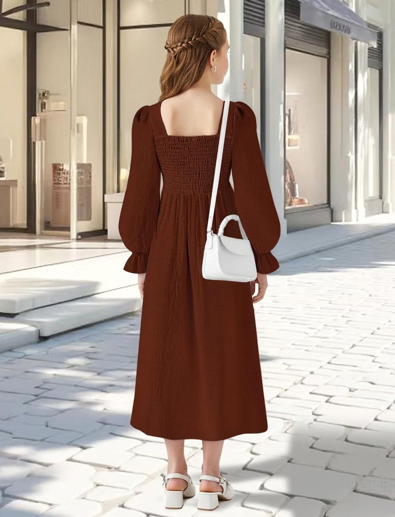 Long Sleeve Flowy A-Line Dress for Girls - Square Neck Fitted Waist in Brown - Image 2