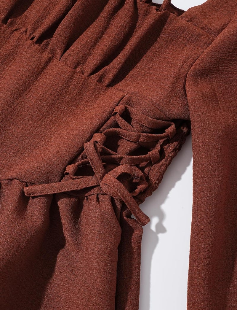 Long Sleeve Flowy A-Line Dress for Girls - Square Neck Fitted Waist in Brown - Image 4