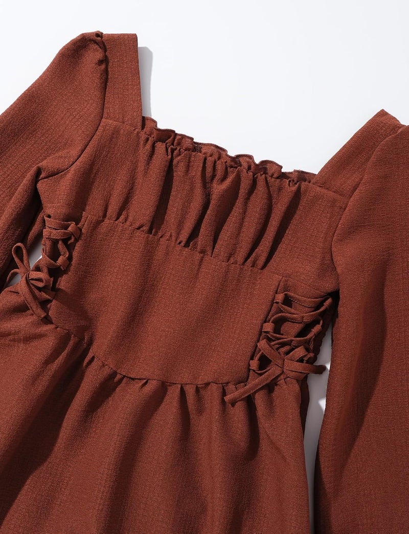 Long Sleeve Flowy A-Line Dress for Girls - Square Neck Fitted Waist in Brown - Image 3