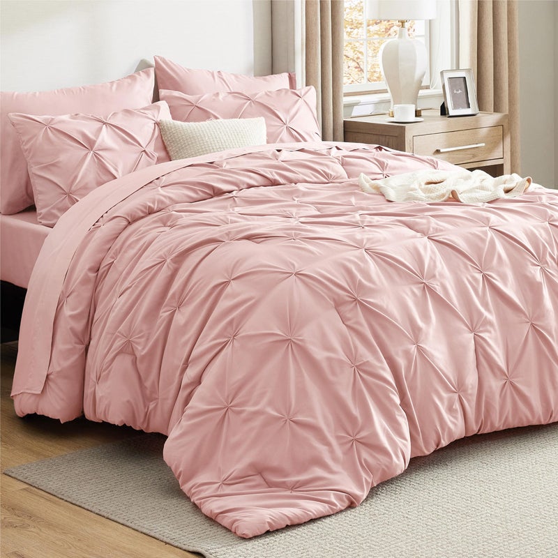 Bedsure Bedsure California King Comforter Set Pink  Bed in a Bag California King Size 7 Pieces GentleSoft Pintuck Bed Set Gift for Family Pinch Pleat Pink Comforter with Sheets Pillowcases  Shams 