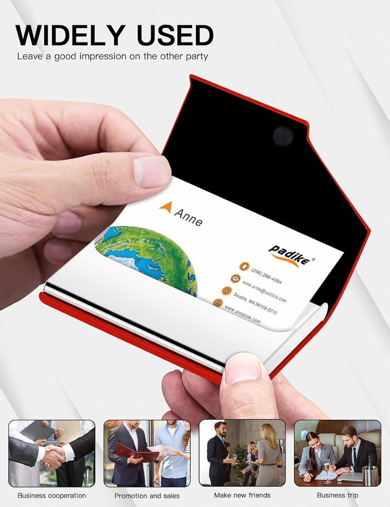 Padike Business Card Holder, PU Leather & Stainless Steel Multi Card Case for Men & Women, Name Card Holder, Credit Card Wallet, ID Case/Holder with Magnetic Closure (Red) - Image 5