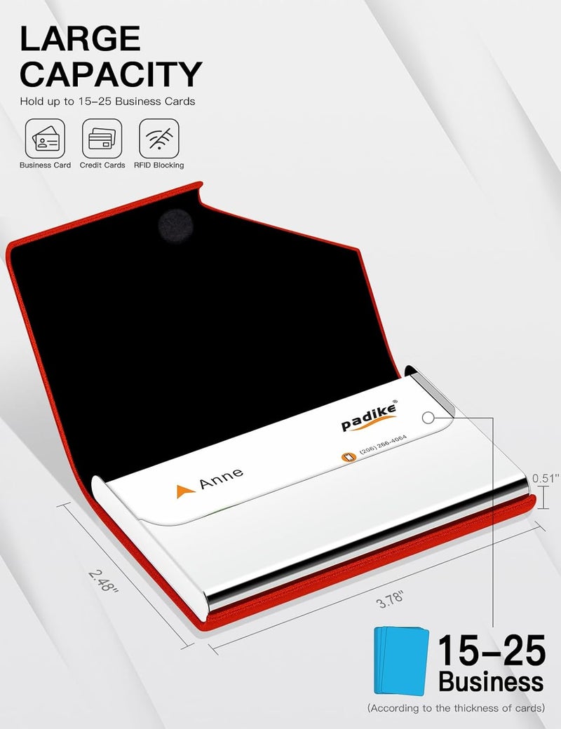 Padike Business Card Holder, PU Leather & Stainless Steel Multi Card Case for Men & Women, Name Card Holder, Credit Card Wallet, ID Case/Holder with Magnetic Closure (Red) - Image 4