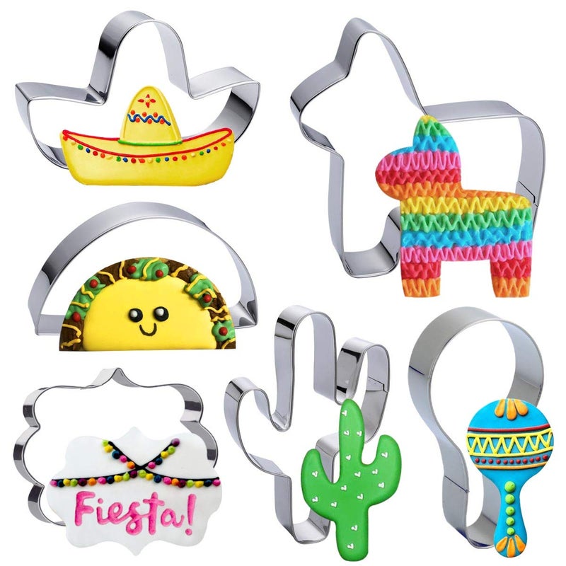 Heboland Heboland Fiesta Mexican Cinco de Mayo Cookie Cutter Set Party Decorations - 6 Pieces 4in Large Donkey Pinata Cactus Sombrero Taco Maraca Plaque Stainless Steel Fondant Molds - Image 1