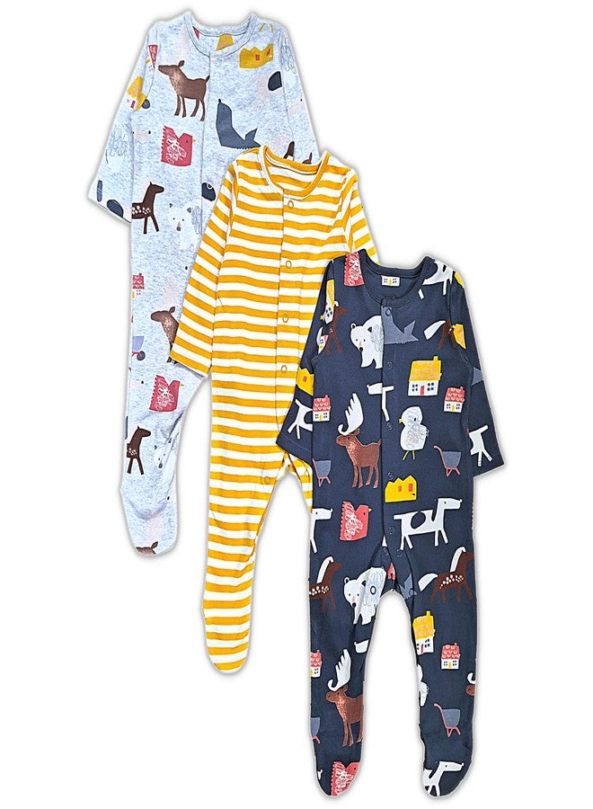 TuddyBuddy Unisex Baby Cotton Printed Full Sleeves Sleepsuit/Footed Rompers (Snaps Closure) (6 Months-9 Months, Yellow Stripes - Pack of 3) - Image 3