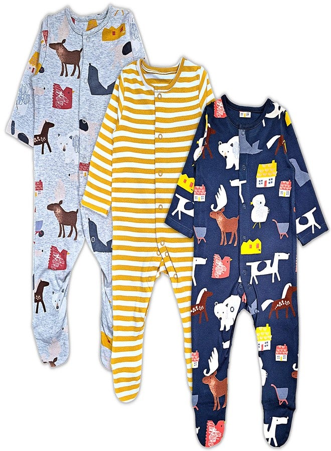 TuddyBuddy Unisex Baby Cotton Printed Full Sleeves Sleepsuit/Footed Rompers (Snaps Closure) (6 Months-9 Months, Yellow Stripes - Pack of 3) - Image 2